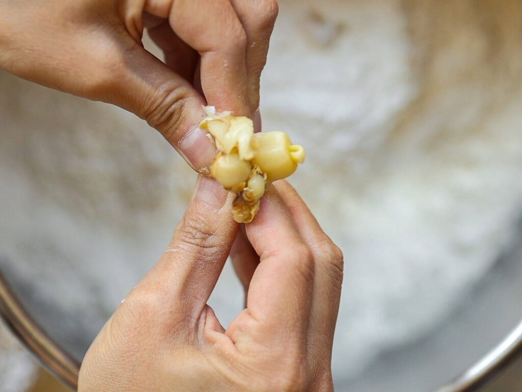 Close-up of hands squeezing out pieces of roasted garlic in front of a bowl with a white powdered substance, possibly flour.